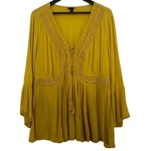 Torrid Blouse 2X Mustard Yellow Crochet Corset Style Neckline Bohemian Fall Top